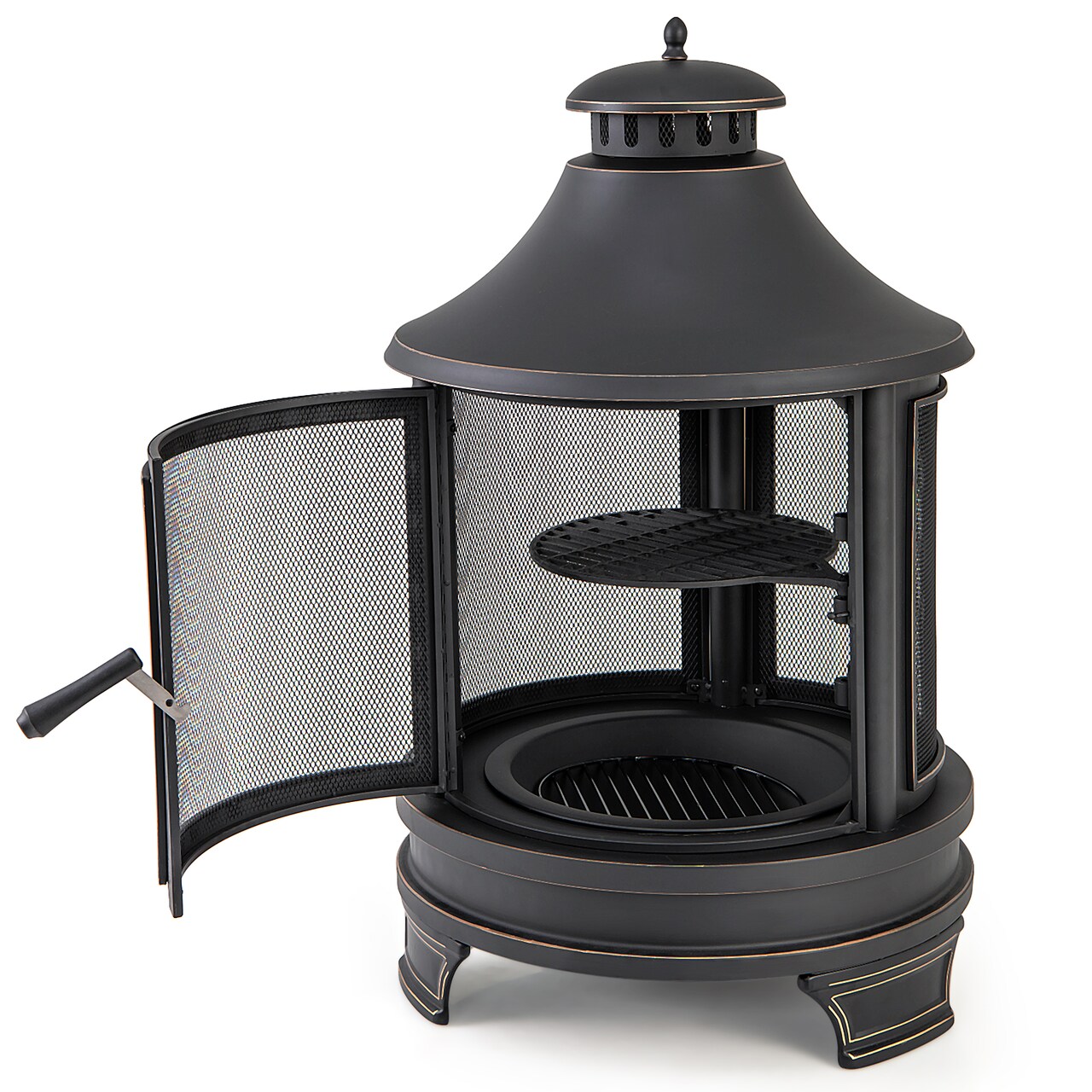 Black Metal Chiminea Fire Pit with Adjustable Grill, 2-in-1 BBQ and Outdoor Heater